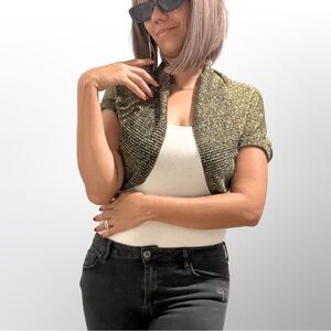 Black With Gold Threading .Small Shrug Rayon/Spandex Open Front Cropped Cardigan